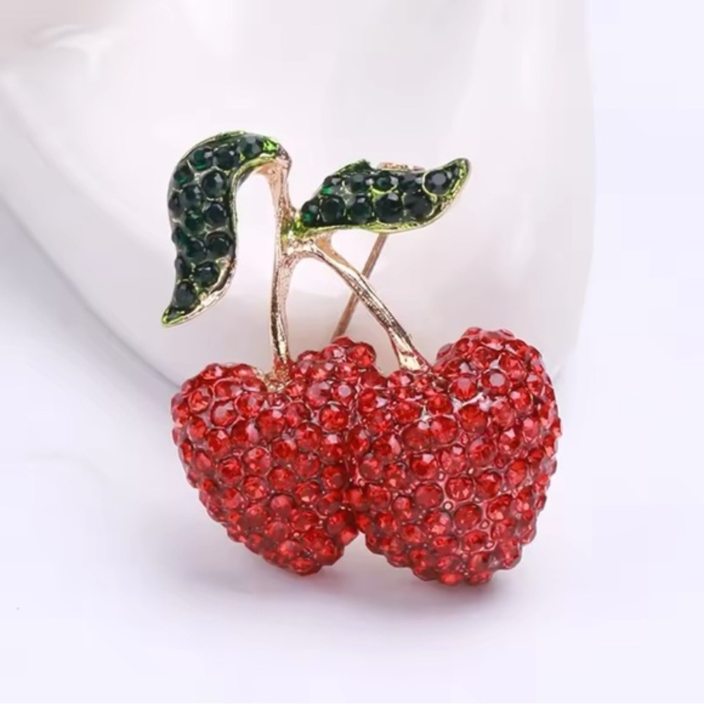 🌻 3/$25 Two Red Cherries Shape Brooch Full Rhinestones